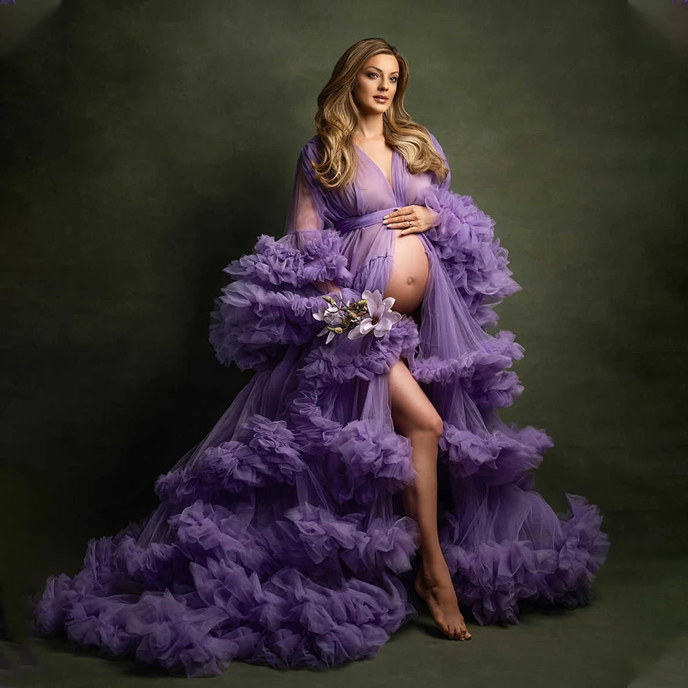 Customized COLOR Luxury Maternity Dresses for Photoshoot Ruffled Tiered Robe Sheer Tulle Long Women Gowns Fluffy Maternity Dress