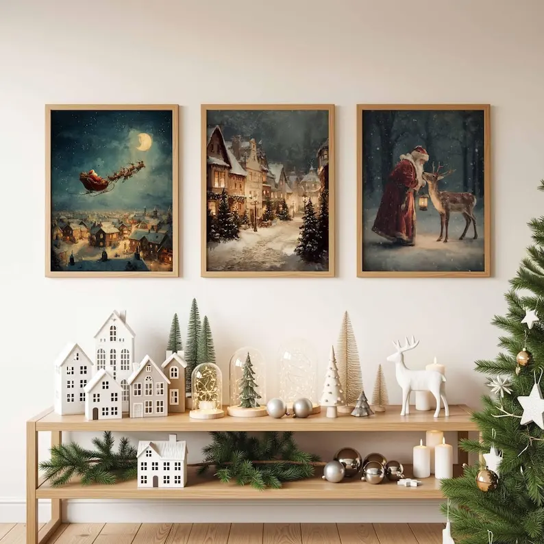3 teile/satz Retro Santa Claus Rentier & Schlitten Leinwand Druck Winter Dorf Schnee Wand Kunst Poster für Moderne Wohnzimmer wohnkultur