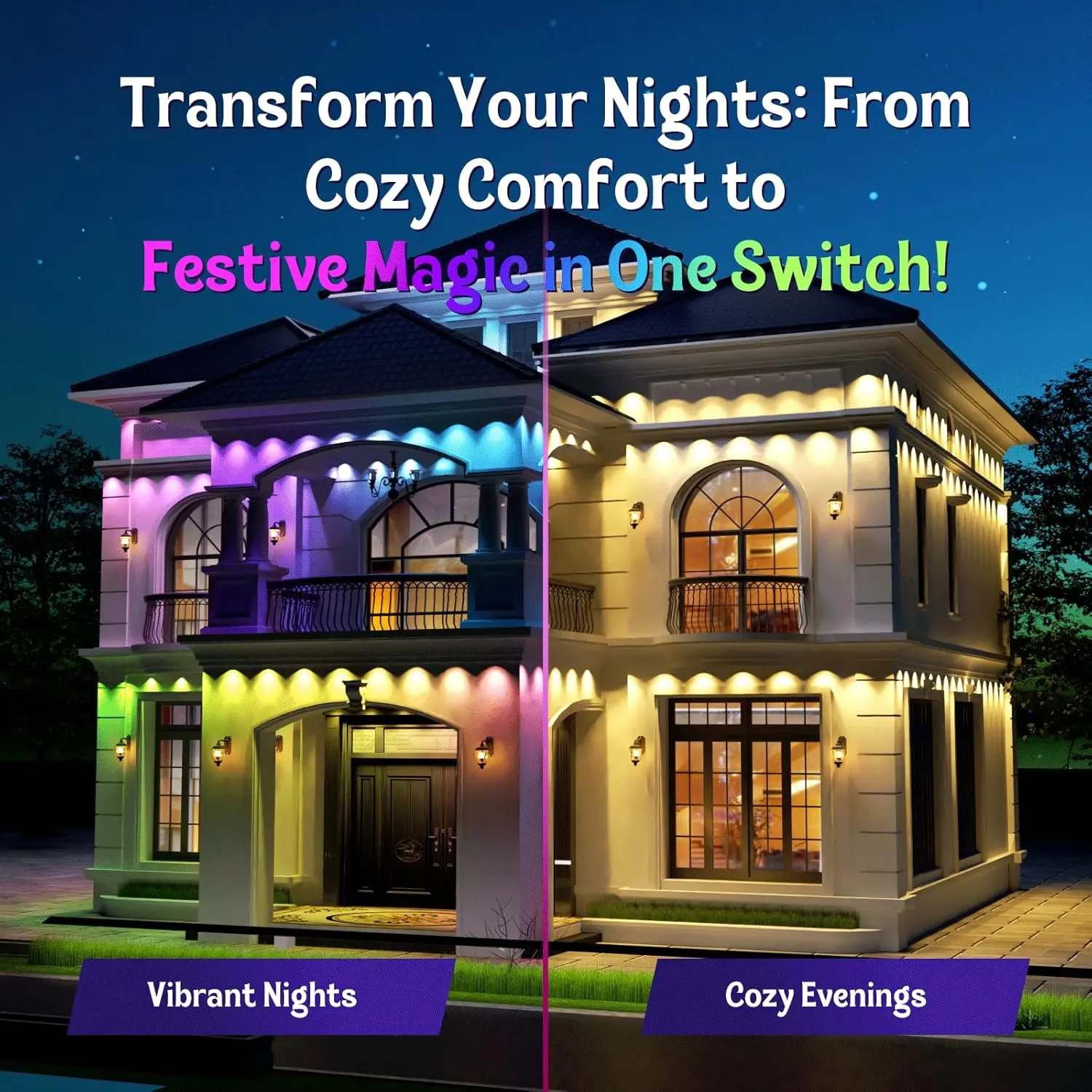 300FT 180LEDs Permanent Outdoor Eave LED Lights Compatible with Google/Alexa RGB String Lights Suitable Christmas Holiday Party