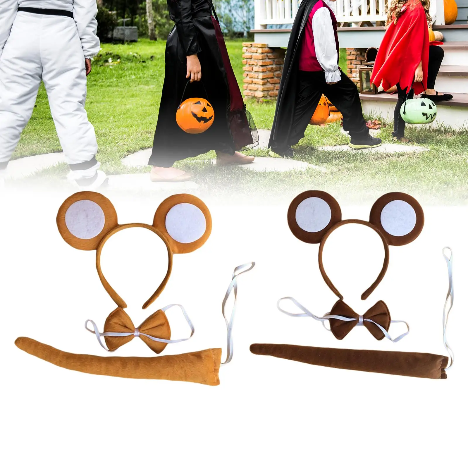 Bow Tie and Tail Set para festivais de Halloween, Monkey Ears, Hair Hoop para feriados