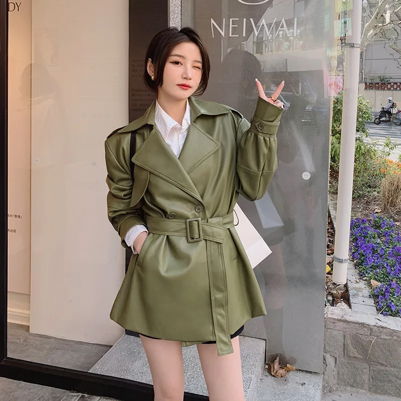 2024 Spring Women Casual Mid-length Green Faux PU Leather Jacket With Sashes Autumn Lapel Long-sleeve Pu Biker Jacket Streetwear