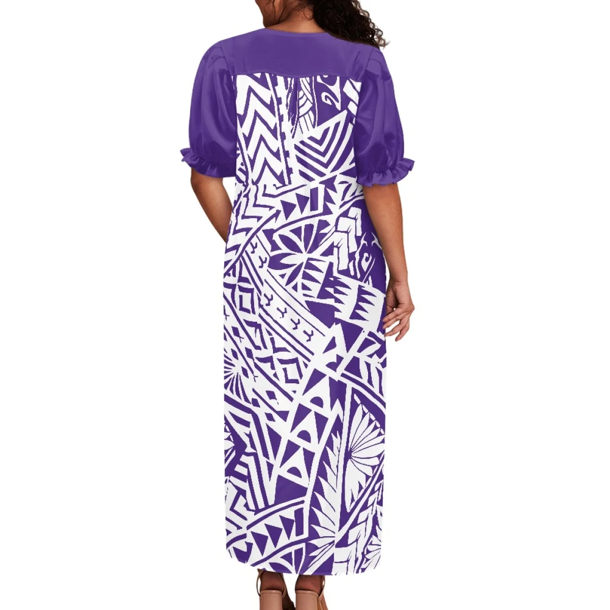 Polynesian Tribal Clothing Samoa Purple Square Neck Casual Light Chiffon Dresses Summer Puff Sleeve Loose Maxi Dress For Women