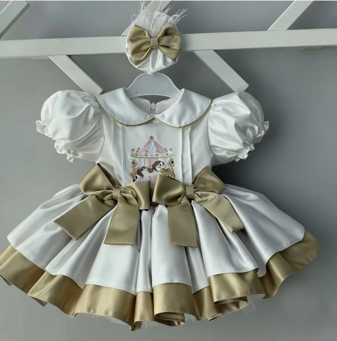 0-12Y Baby Girl Summer Beige Carousel Embroidery Vintage Princess Dress for Birthday Photography Holiday Eid B564