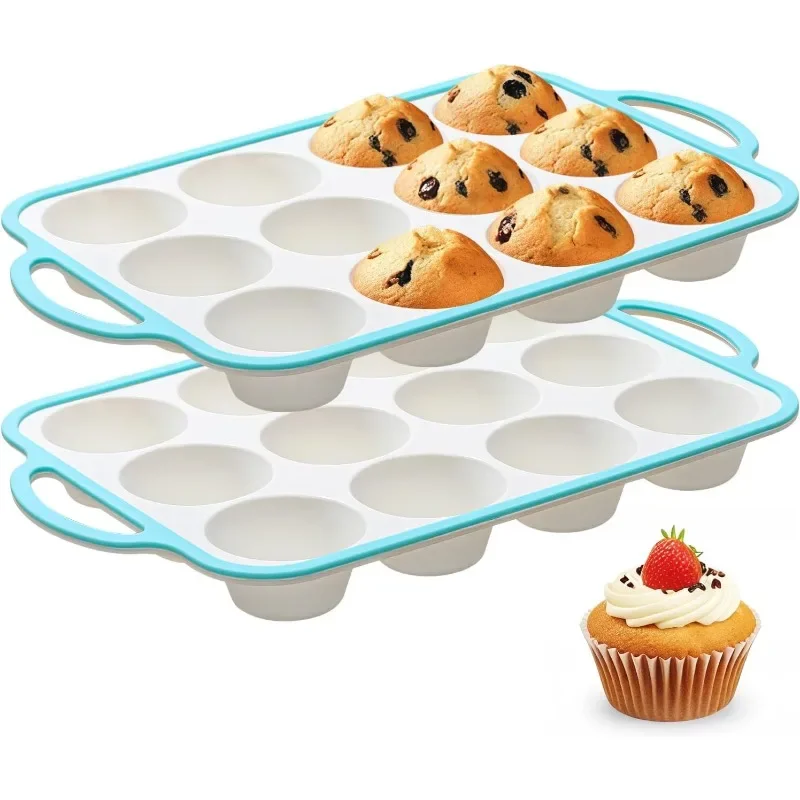 

Silicone Muffin Pans for Baking 2 Pack, 2.6 Inch with Metal Reinforced Frame, Regular Size Nonstick Cupcake Pan 12 Cups for Bake