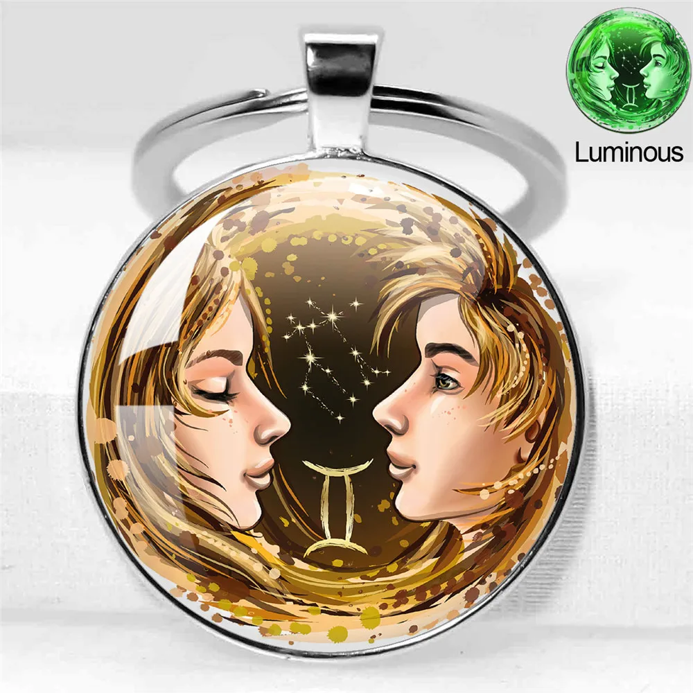 Zodiac Sign 12 Constellation Luminous Animals Photo Glass Pendant Keychain Bag Car Keychain Holder Charms Keychain