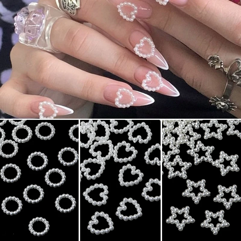 100Pcs/Bag Hollow Heart Pearl Nail Art Charms White Bubble Star Pearl Round Flatback 3D Nail Decoration DIY Manicure Accessories