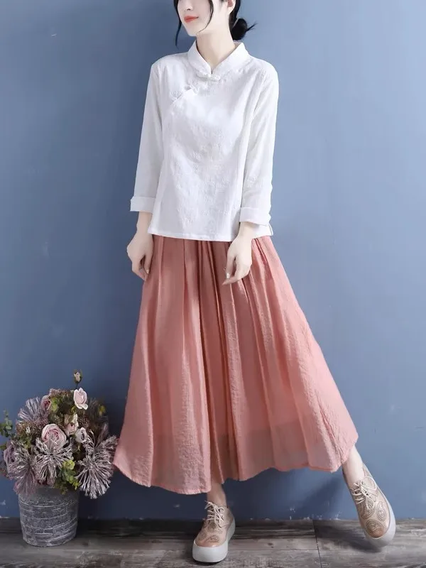 Damen Leinen Irt Blumenstickerei Stehkragen Baumwolle Leinen Tee Kostüm Top Button Up Loose Fit Sommer Neues chinesisches Design