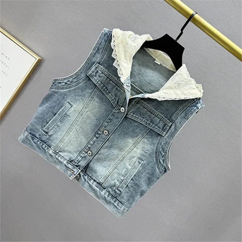 Printemps été nouveau mince court Denim gilet Vintage lavé bleu sans manches Cowboy gilet revers simple boutonnage jean gilet femme