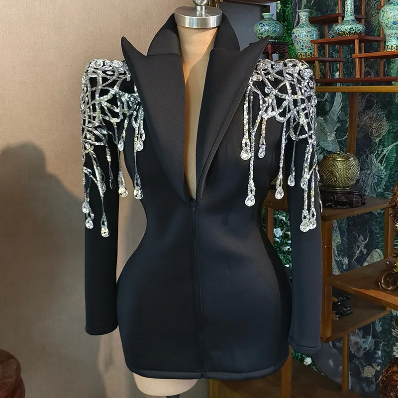 Chaqueta de diamantes de imitación de perlas brillantes de lujo, traje Sexy para escenario, DJ, cantante, Bar, disfraz de club nocturno, vestidos de actuación para fiesta de cumpleaños