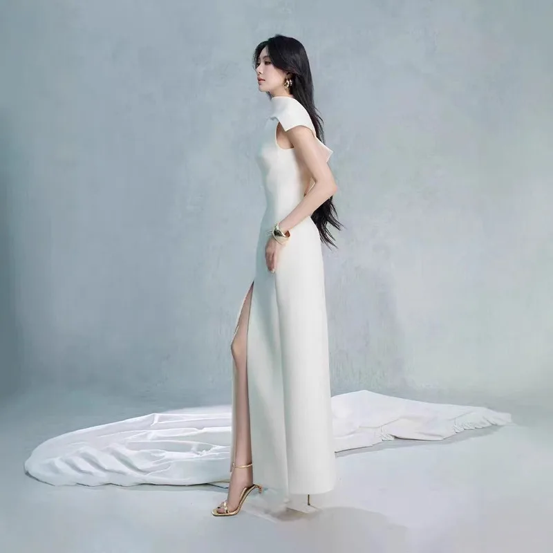 LISM mode femmes robe élégante Patchwork sans manches fendu Satin taille haute robe de soirée 2025 automne nouveau