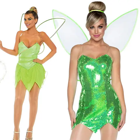 Women's Fairy Tinker Bell Costume Cosplay Forest Green Angel Elf Dress Fancy Dress with Butterfly Wings Halloween Party Costumes