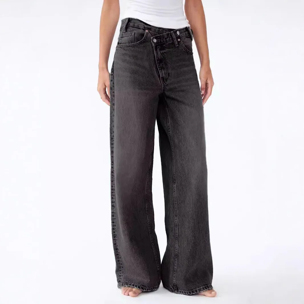 2026 Asymmetrical Diagonal Buckle Sense Design Wide-leg Jeans. Women's Four Seasons New Street Fashion Retro Casual Loose Jeans