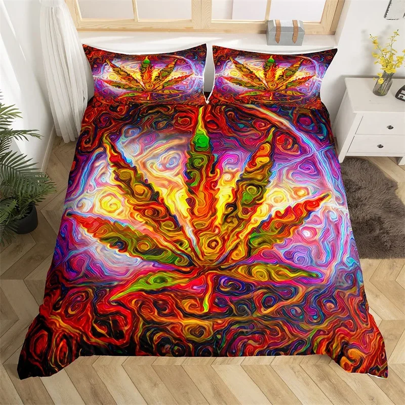 Marijuana Leaves Duvet Cover Cannabis Leaf Bedding Set Microfiber Bohemian Mandala Comforter Cover Single Twin King For Girl Boy