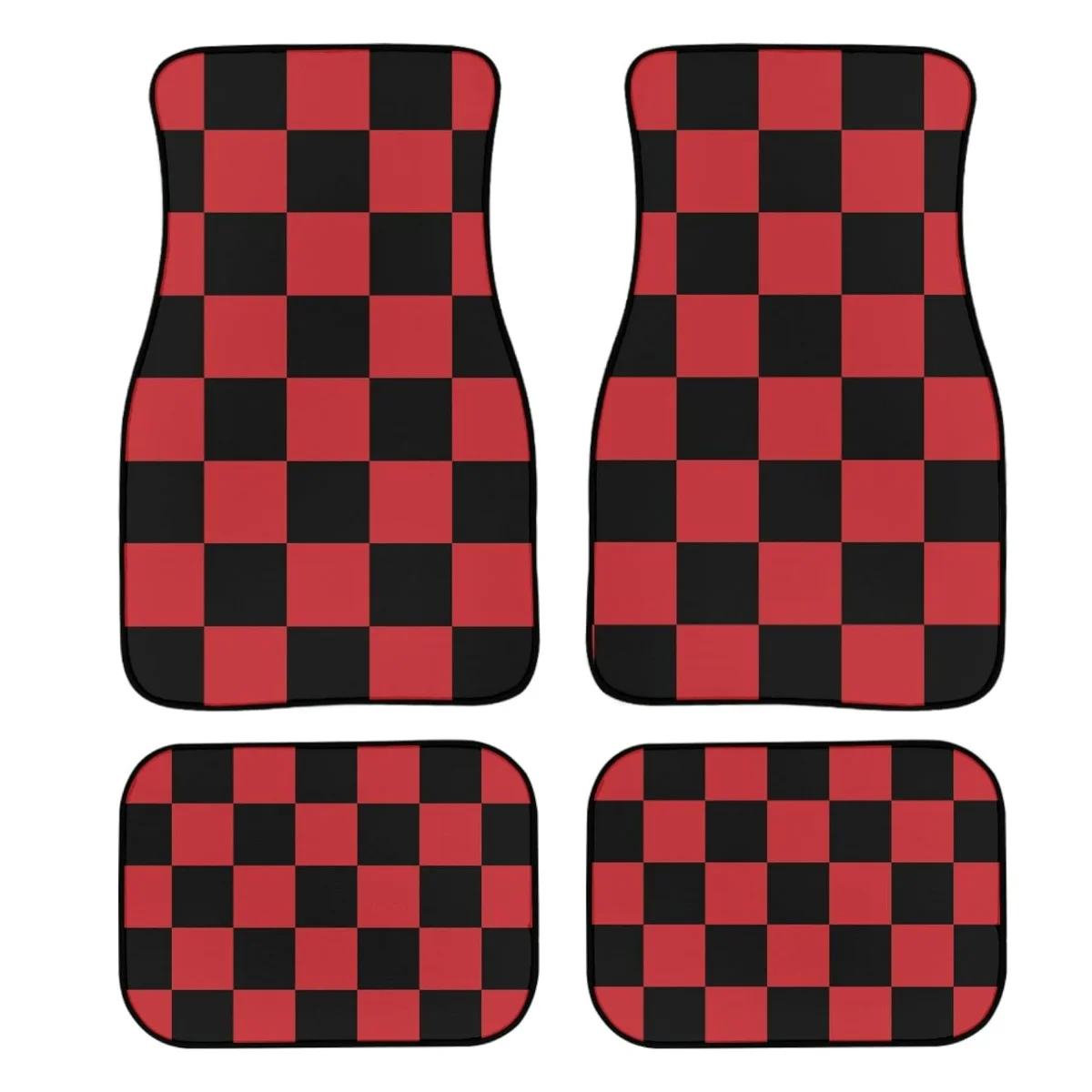 Checkered Car Floor Mats Set of 4,Geometric Plaid Pattern Black&Red Vehicle Front Rear Carpets,Auto Car Decor Accessories