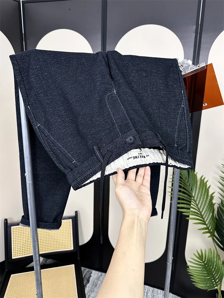 

Мужские прямые трикотажные джинсы с эластичной резинкой на талии, однотонные осенние хлопковые эластичные удобные длинные брюки