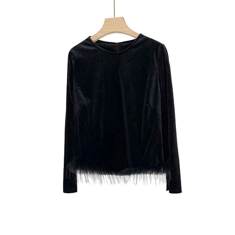 Feather Decorative Top Spring Black Pleuche Long Sleeved T-shirt