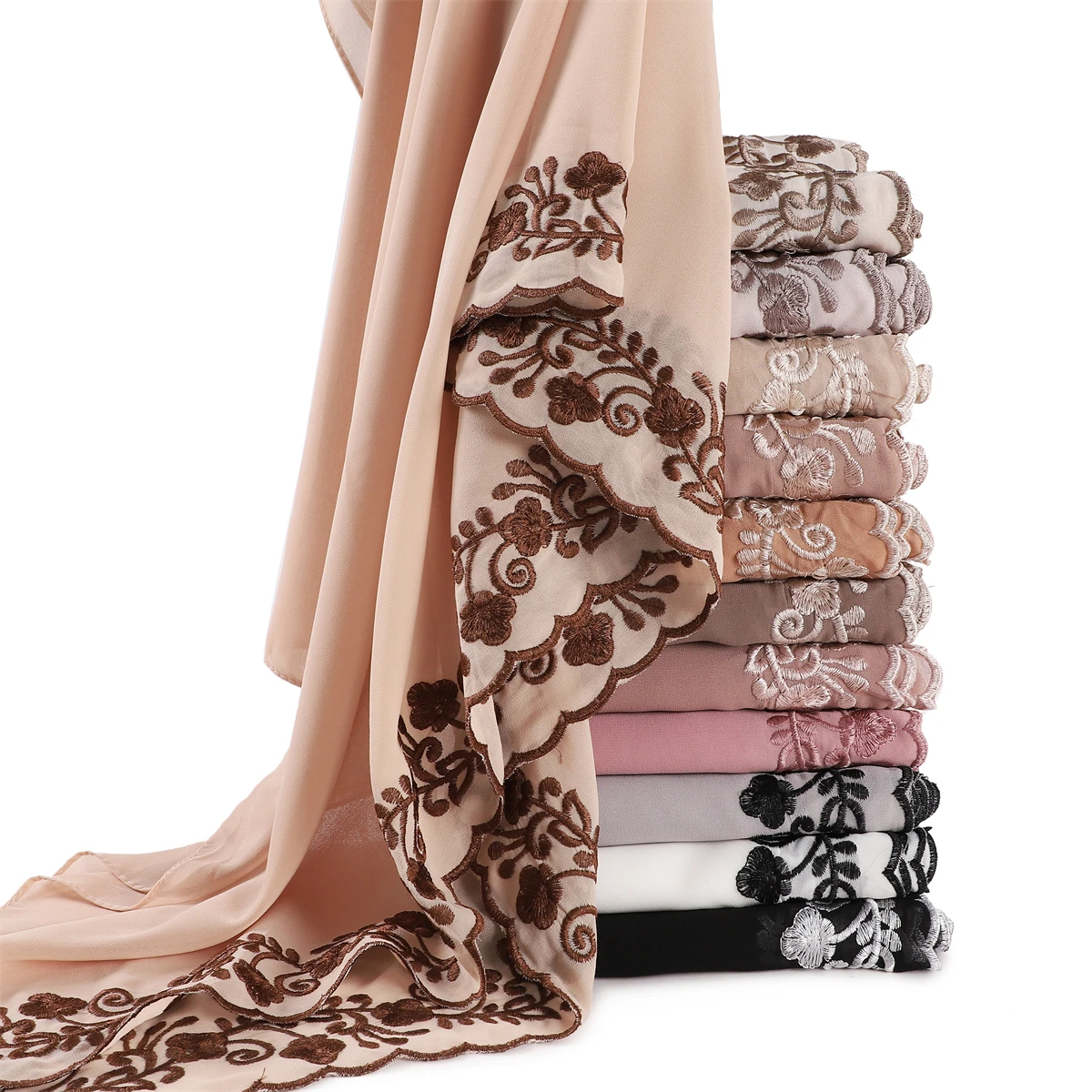 Women Plain Chiffon Scarf Clover Embroidery Long Shawl Premium Quality Heavy Chiffon Muslim Female Foulard Lace Turban Headband