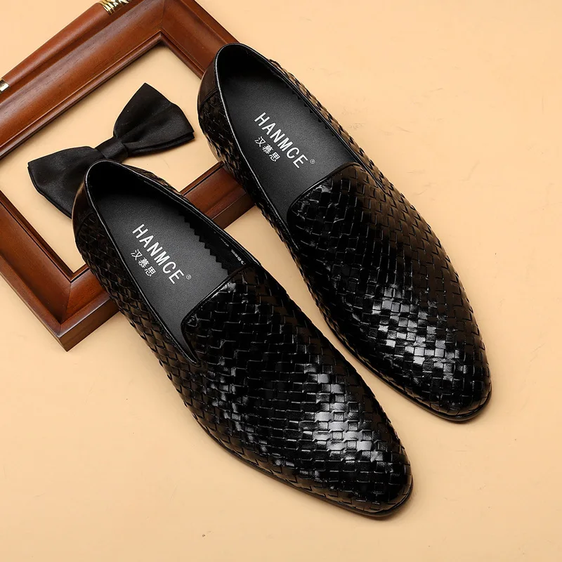 High end genuine leather men's Oxford shoes, business formal pointed work shoes, interview casual woven cowhide material