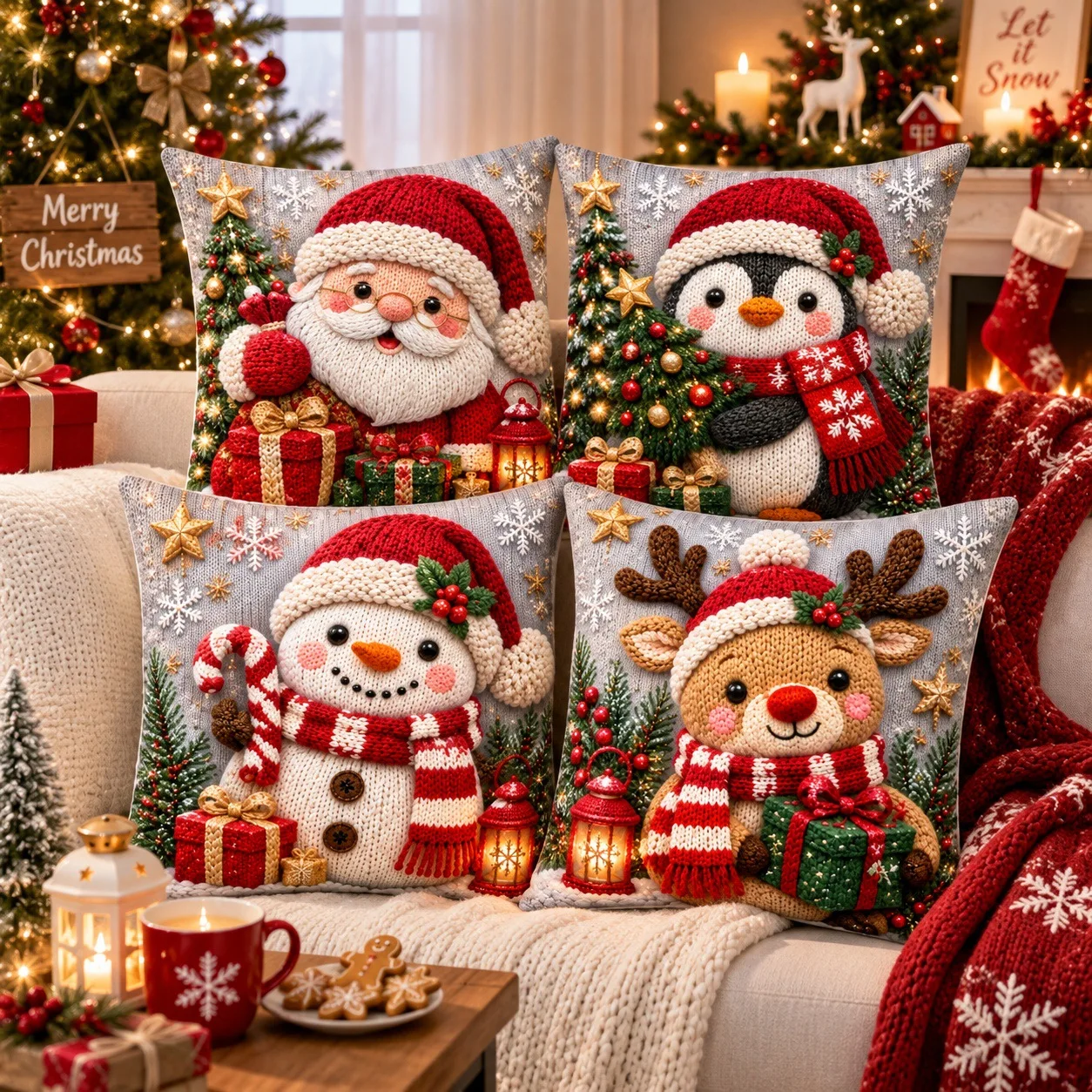 2D Flat Printing Imitation Knit Christmas Throw Pillow Covers Santa Penguin Snowman Reindeer Cushion Cases Xmas Sofa Decor
