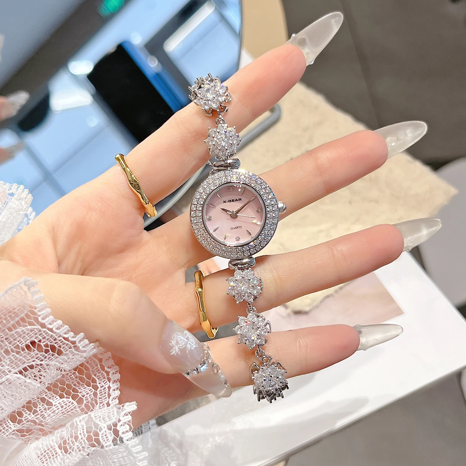 ساعة زهرة الزركون للفتيات - ساعة يد كوارتز ستانلس ستيل للطلاب، اختيار هدية مميز