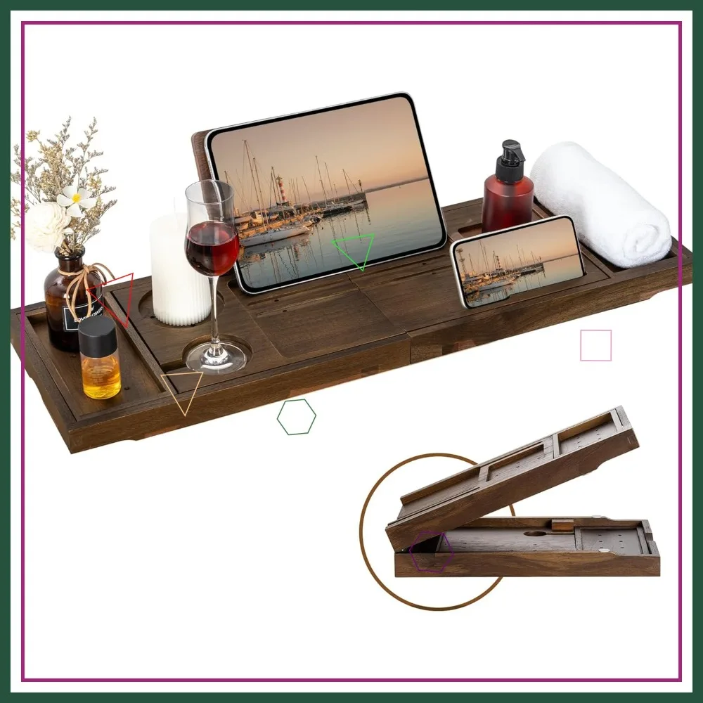 

Expandable Teak Bathtub Tray with Wine Glass, Phone Holders, and Book Stand - Dark Walnut Spa Accessory for Relaxation