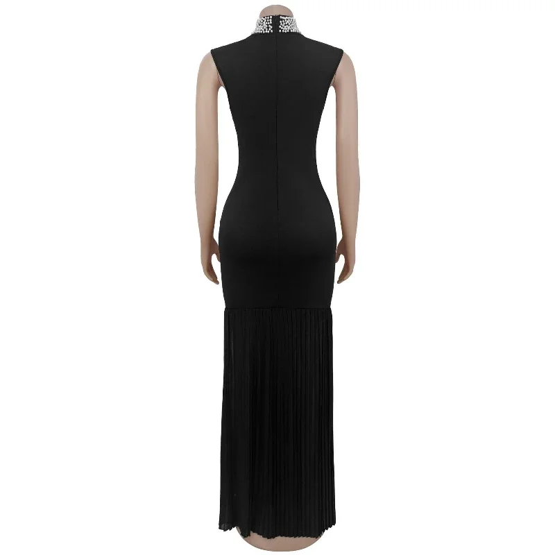 Elegant Temperament Black Evening Dresses Women Nightclub Party Sleeveless Fashion Pearls Stand Collar Sheath Bodycon Maxi Dress