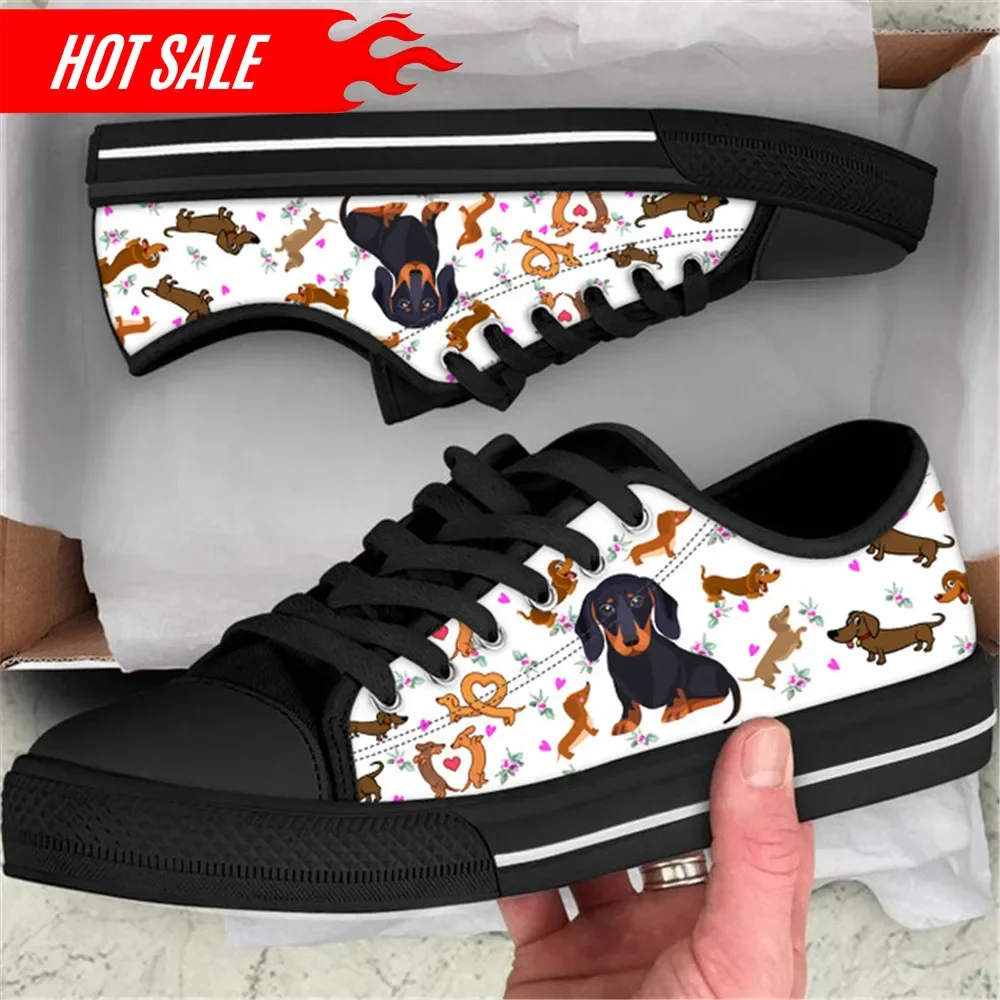 Doginthehole Cute Dachshund Print Women Canvas Shoes Pet Dog Flat Shoes for Ladies Casual Female Lace up Walking Shoes