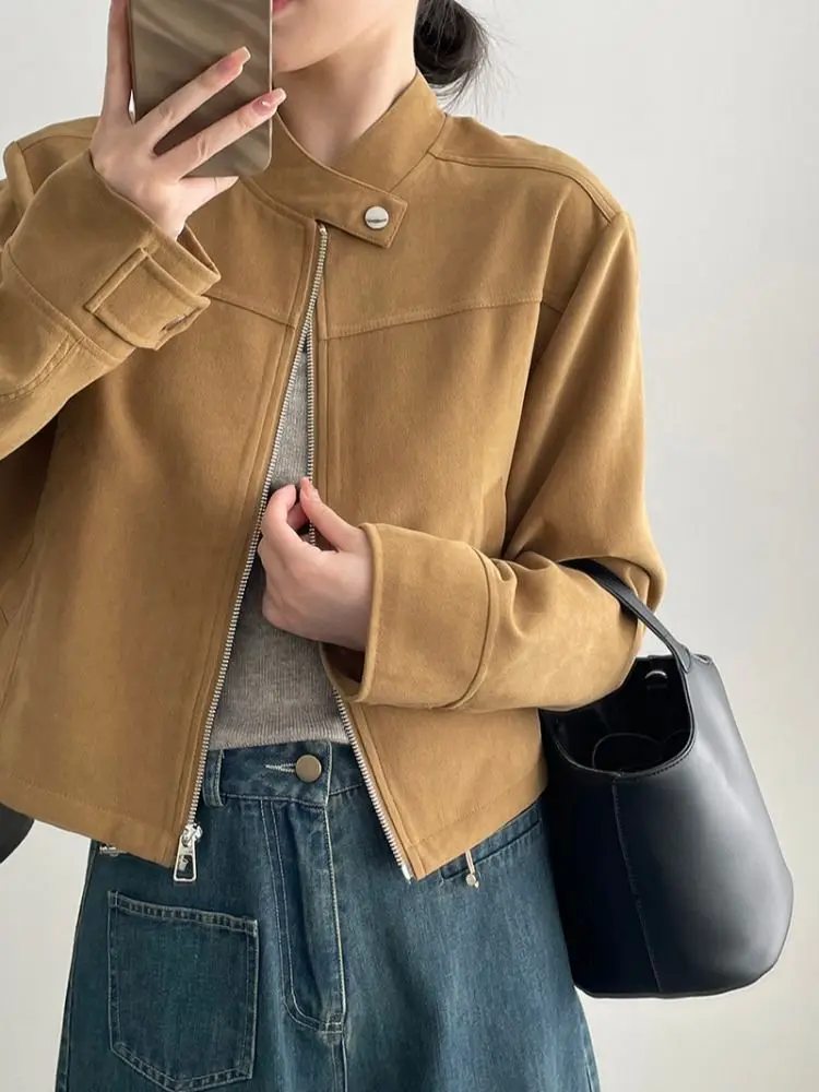 

Vintage Stand Up Collar Cropped Jacket Women Casual Chic BF Style Jacket Motorcycle Top Outerwear Advanced Sense Ladies Coat