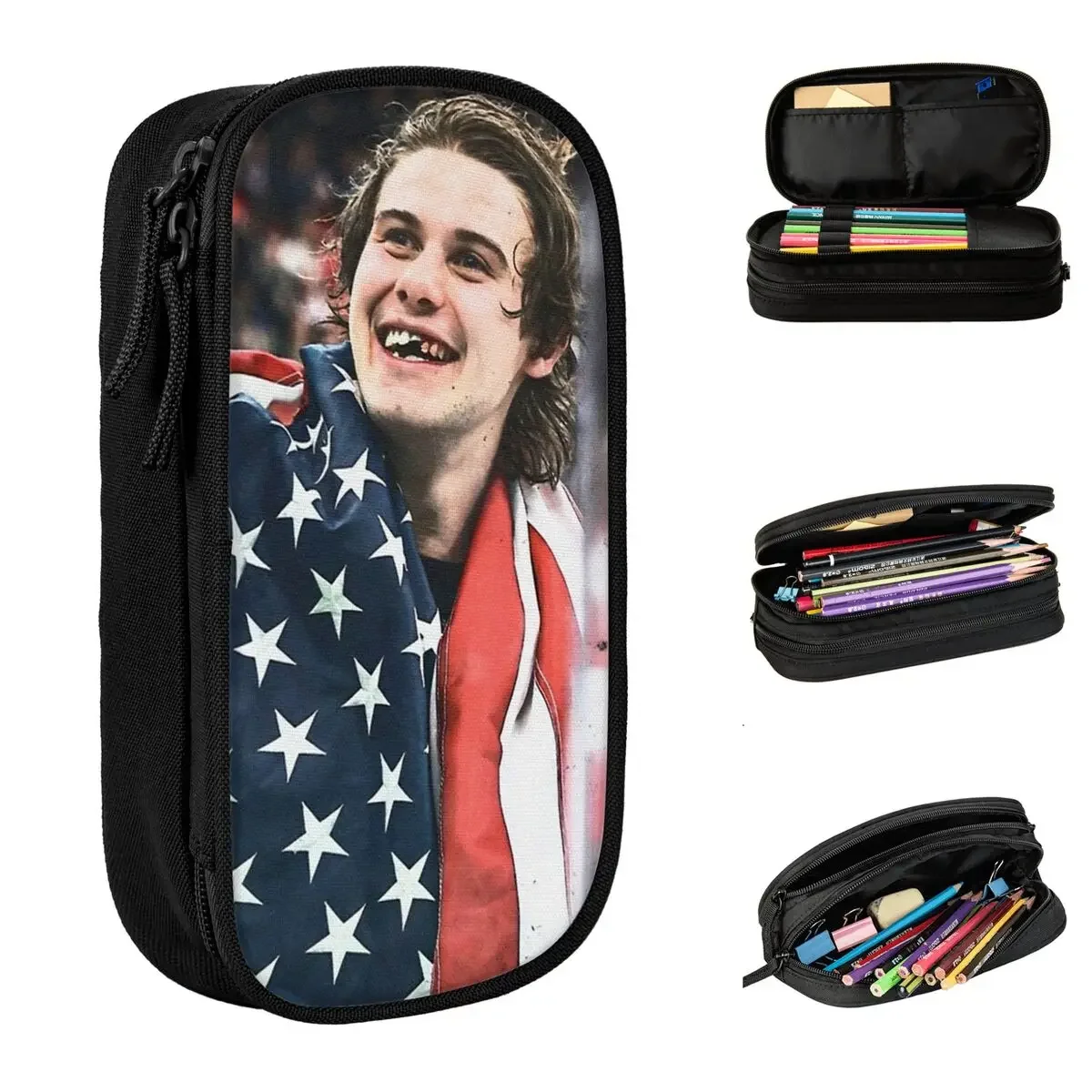 Jack Hughes Golden Goal USA Hockey Pencil Cases Fun Pen Bag Kids Big Capacity Students School Gift Pencil Box