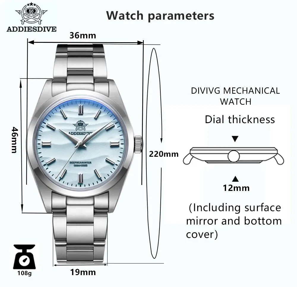 2024 New Addies Dive 36mm Top Brand Men Watch Bubble Mirror Pot Cover Glass 10Bar Waterproof Outdoor Sports Quartz Wristwatches