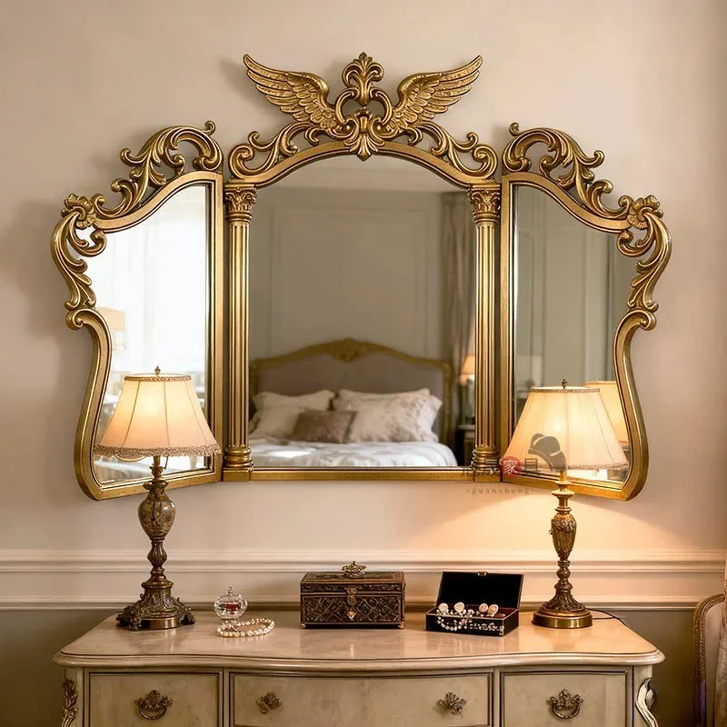 Gold tri-fold makeup mirror luxury carved decorative mirror high-end retro three-sided bathroom mirror