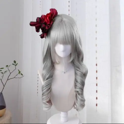 ‌ شعر مستعار لوليتا رمادي مجعد - شعر مموج ضخم لصور السفر Kawaii Cosplay Gothic Fashion قطعة شعر صناعية مقاومة للحرارة