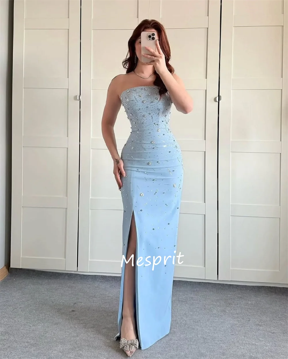 Customized High Quality Jersey Rhinestone Pleat Straight Strapless Long Dresses Bespoke Occasion Exquisite Intricate