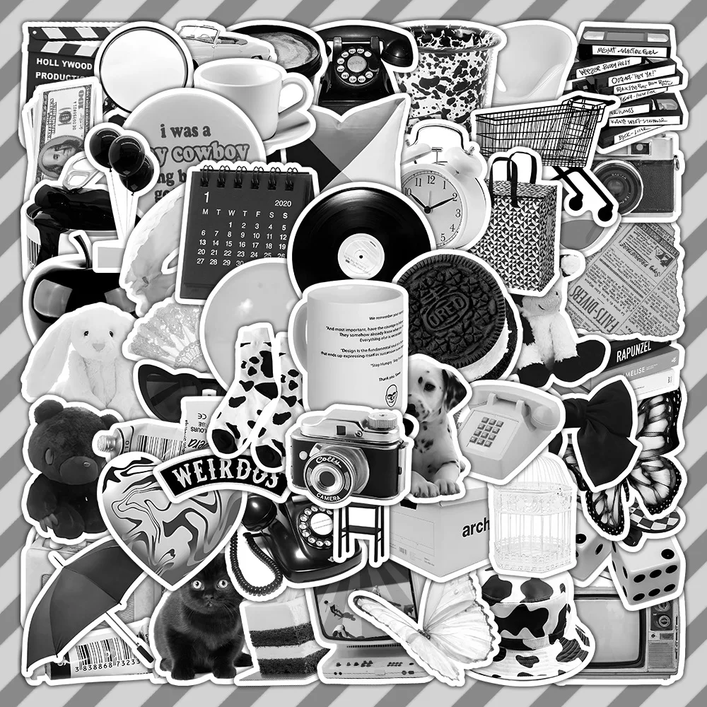 

10/30/63pcs Black White Vintage Stickers Ins Cute Decals Decoration For Laptop Notebook Guitar Water Glass Cartoon Sticker Toy