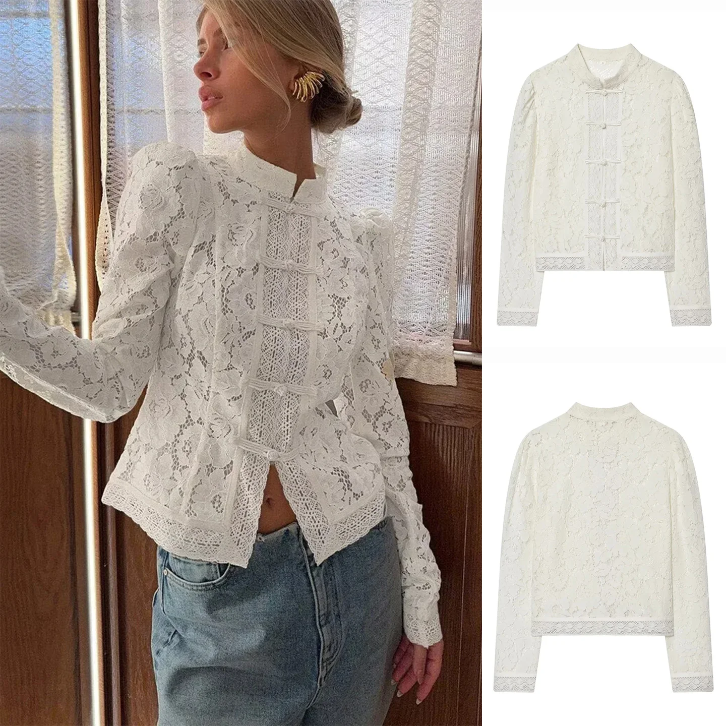 Winter nieuwe dames casual lange Sve opstaande kraag kant haak borduurwerk irt top polyestervezel dun pe dagelijks gebruik dichtgeknoopt