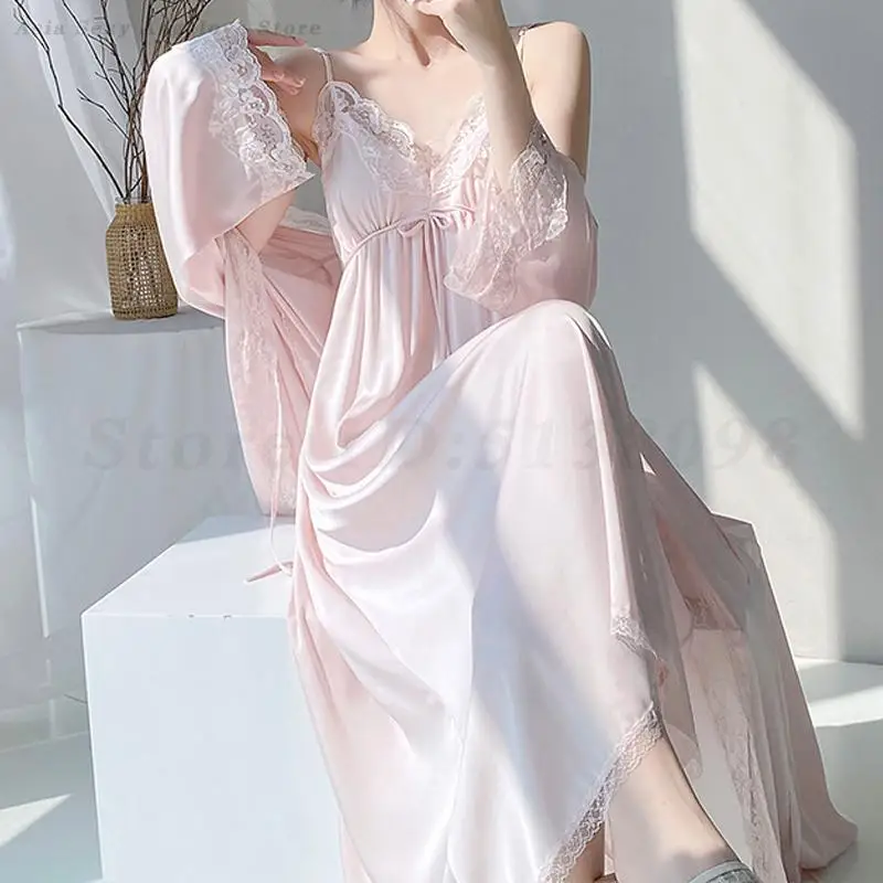 

Sexy Robe Set 2Pcs Nighty&robe Long Kimono Bathrobe Gown Lady Satin Spaghetti Strap Nightgown Palace Style Homewear Sleepwear