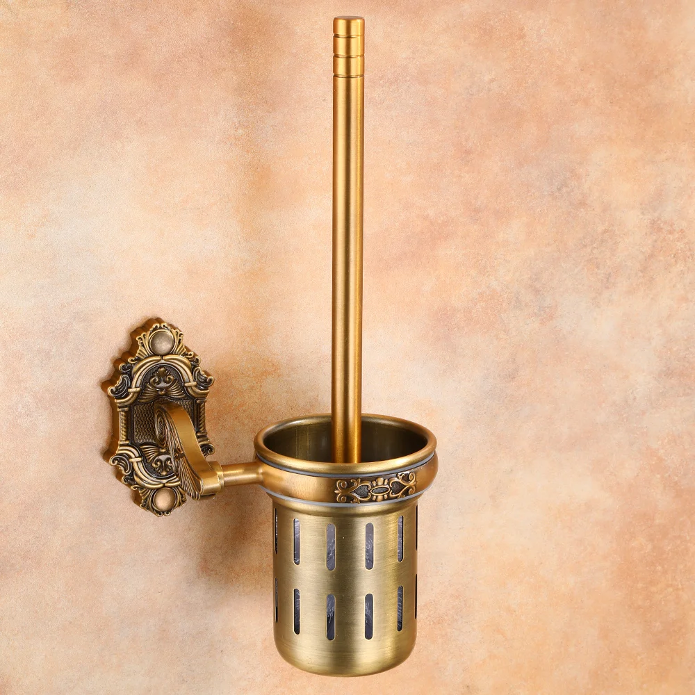 Porte-brosse de toilette Antique en aluminium avec brosse, ensemble de porte-brosse de nettoyage sculpté en aluminium pour salle de bains et toilettes