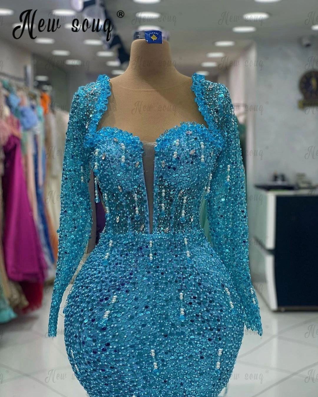 Beading Blue Party Dress Muslim Plus Size Wedding Night Gowns Long Sleeve Mermaid Sequins Formal Prom Dresses Vestidos De Noche