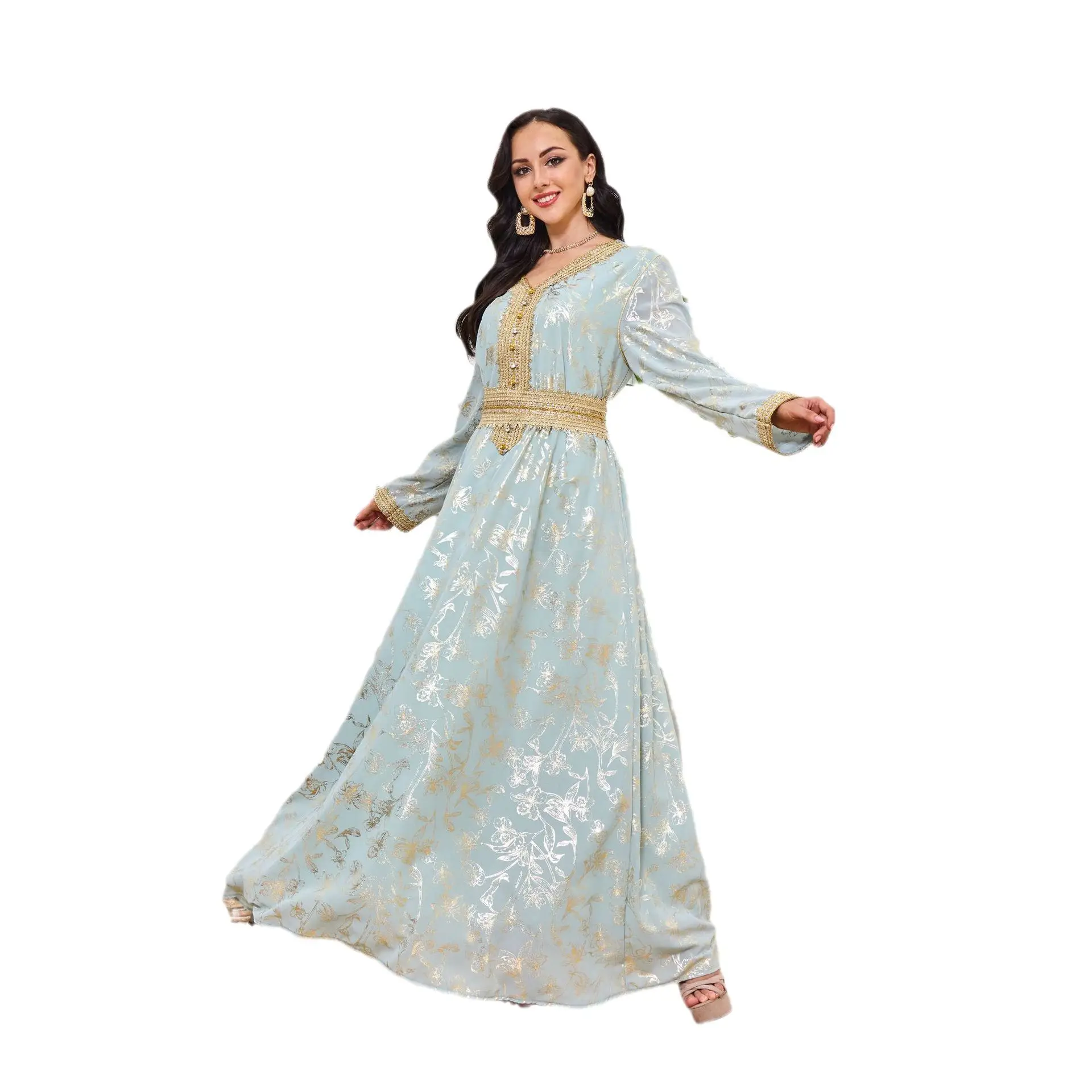 Faionable Long Sve Dr Gold Emed imprimé fleuri Station indépendante transfrontalière vêtements pour femmes Dubai Sle