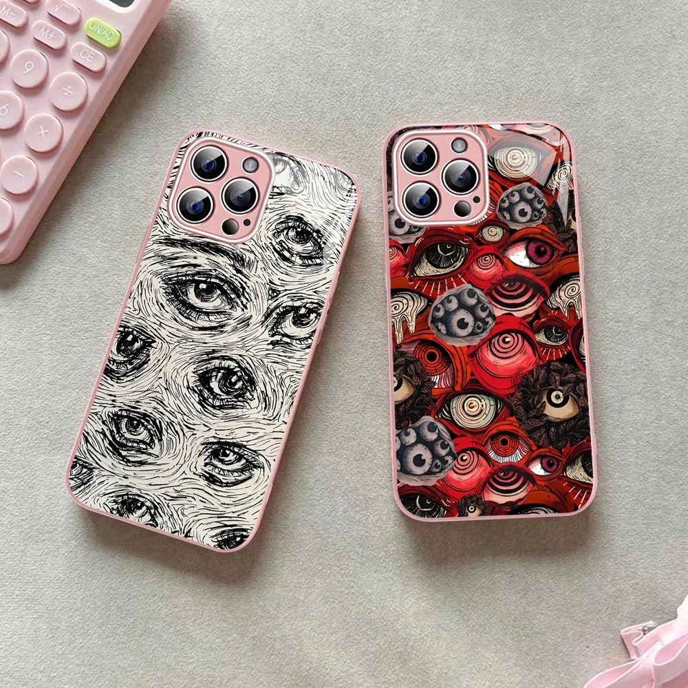 Scary Face Eyes Smiley Phone Case Tempered Glass For Iphone 14 13 12 11 Pro Mini XS MAX 14Plus X XS XR Fundas