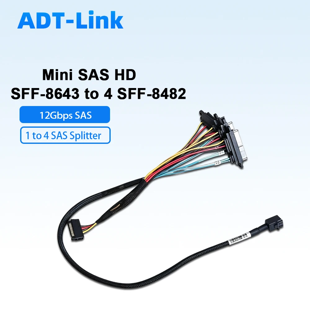 12Gbps Mini SAS HD SFF-8643 To 4 SFF-8482 Cable 1 To 4 RAID Hard Drive Data Cable Support SATA SAS HDD with SATA 15P Power