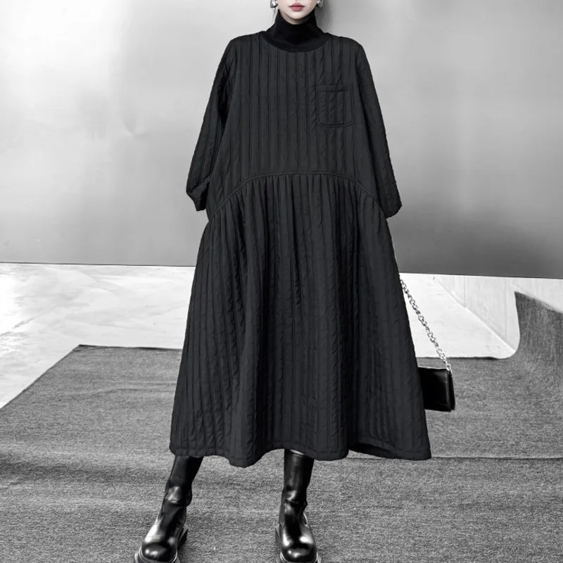 HKSH Herbst Winter Neue Frauen Verdicken Kleid Rollkragen Langarm Drapierte A-line Elegante Casual Ins Baumwolle gefütterte Kleider HK16647