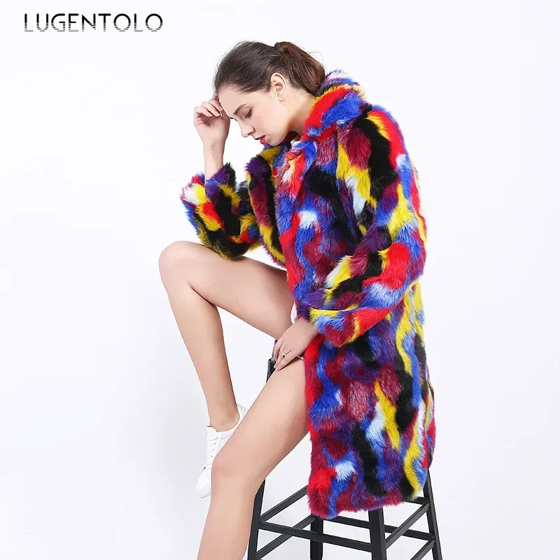 Women Faux Fur Warm Coat Autumn Winter Colorful Faux Fox Fur Long Jacket Female Fashion High Quality Lapel Cloth Available 4XL