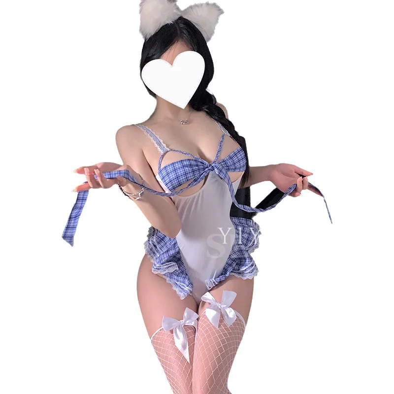 Sexy Bodysuit For Women Lace-up Plaid Cute Maid Bodysuits Seductive Pure Desire Sleepwear Grid Fabric Splicing Bodysuits WFNX