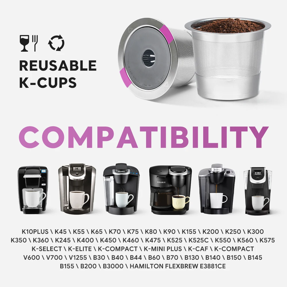 Universal Stainless Steel Reusable K Cup Compatible with Keurig 1.0 & 2.0 Coffee Machines Brewer Refillable K Cups Coffee Filter