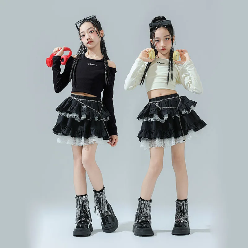 

Kid Hip Hop Clothing Cold Shoulder Crop Top Long Sleeve T Shirt Black Layered Lace Skirt for Girls Jazz Dance Costumes Clothes