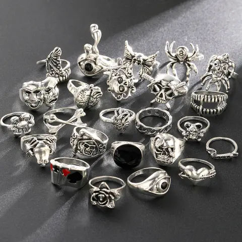 24 Pcs Gothic Skeleton Unisex Ring Set Punk Grunge Butterfly Frog Woman Man Jewelry Hip Hop Party Street Ring Accessories Gift
