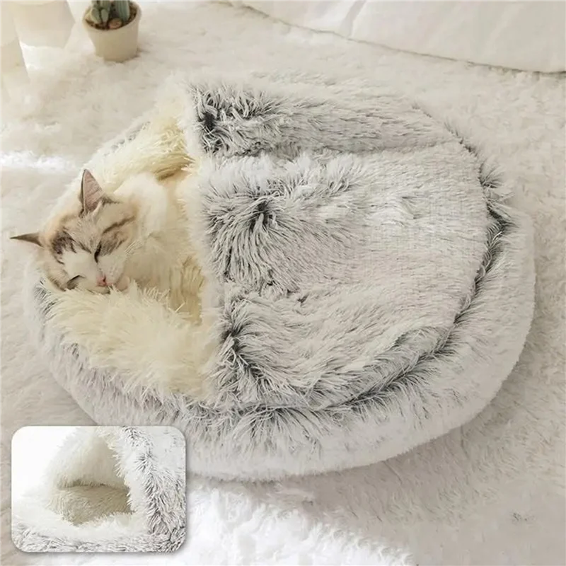 

A25F-2X Soft Plush Round Cat Bed Pet Mattress Warm Comfortable Basket Cat Dog 2 In 1 Sleeping Bag Nest For Small Dogs, Brown