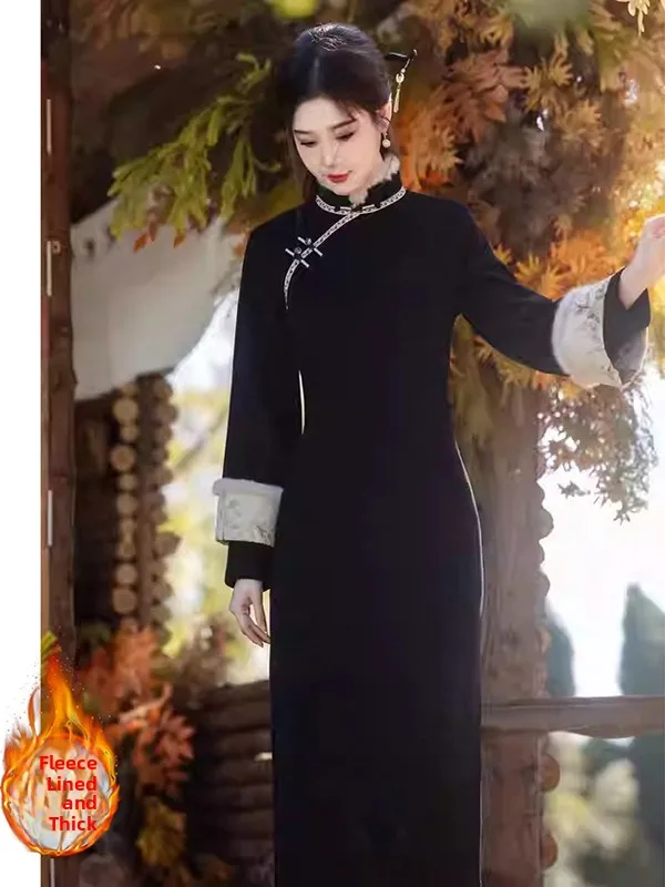 

Новое зимнее пальто Ele Bla в китайском ретро-стиле, утепленное флисом, с высоким воротником и длинными рукавами