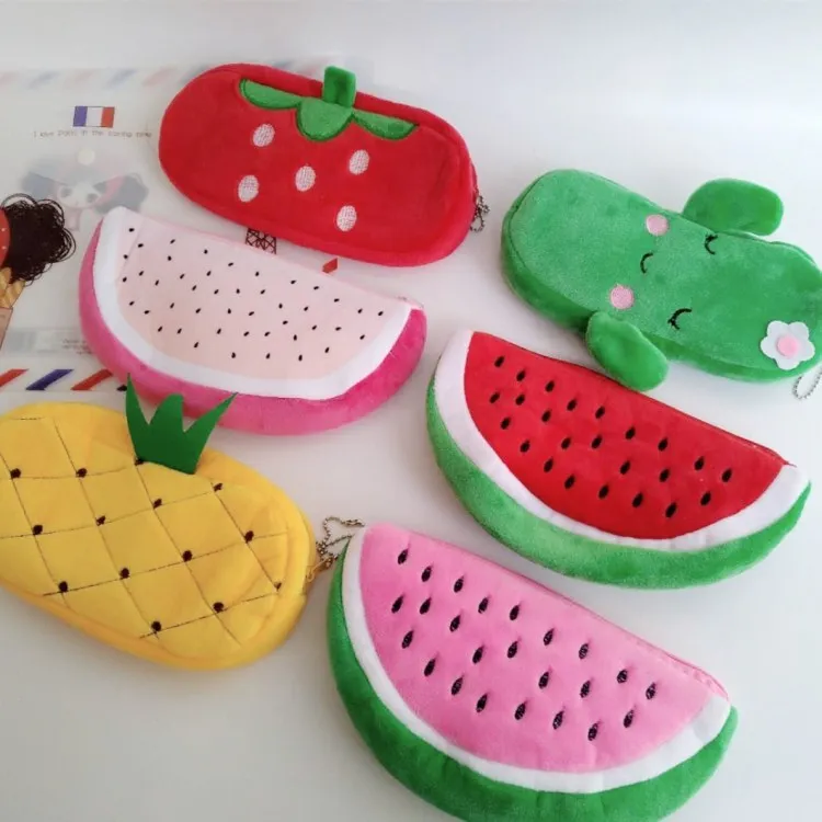 Creative fruit pencil case, super soft printed rectangular stationery bag, featuring watermelon, dragon fruit, lemon, and monkey